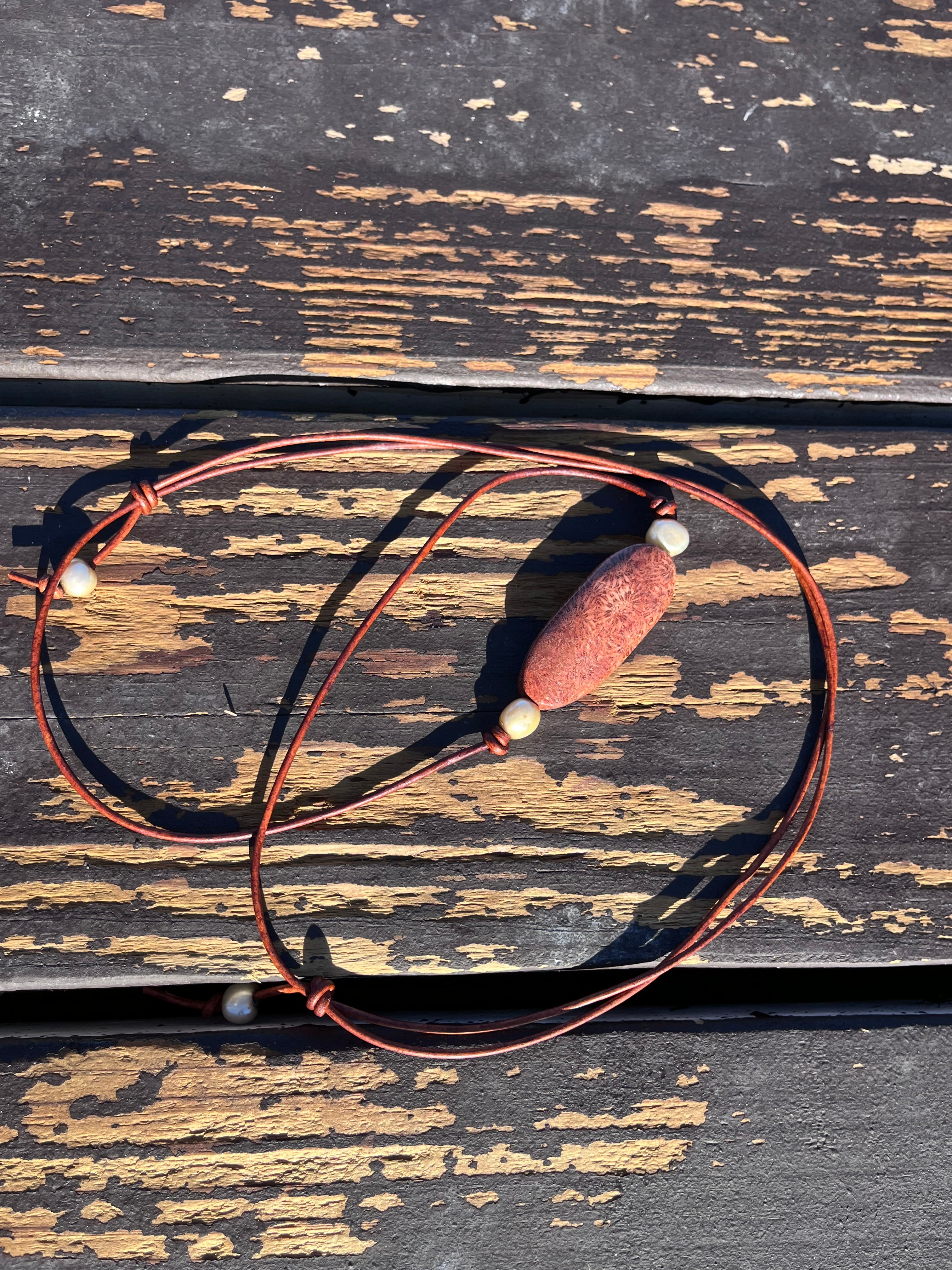The Bar Necklace | Fossilized Red Coral &amp; Baroque Pearl