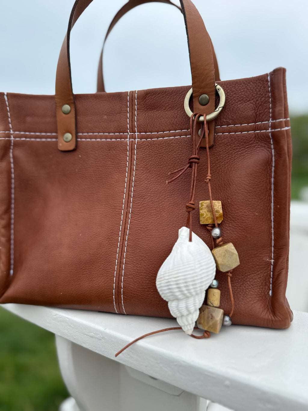The Beachcomber at Golden Hour - Coastal Leather Handbag Charm  Metallic Bead Accents