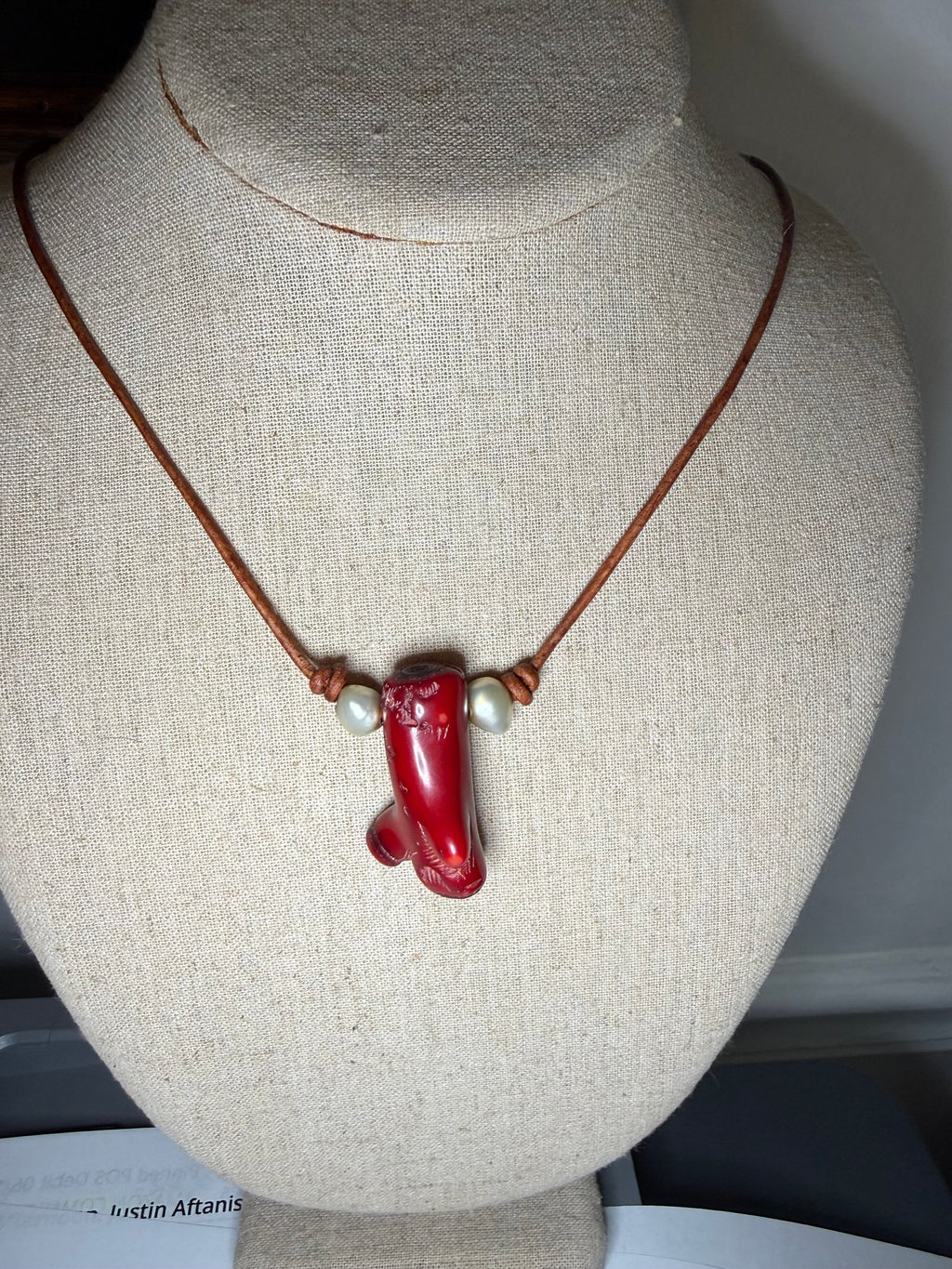 The  Coral Kiss Necklace Freshwater Pearl - Coral - Pendant Necklace 20 inch adjustable