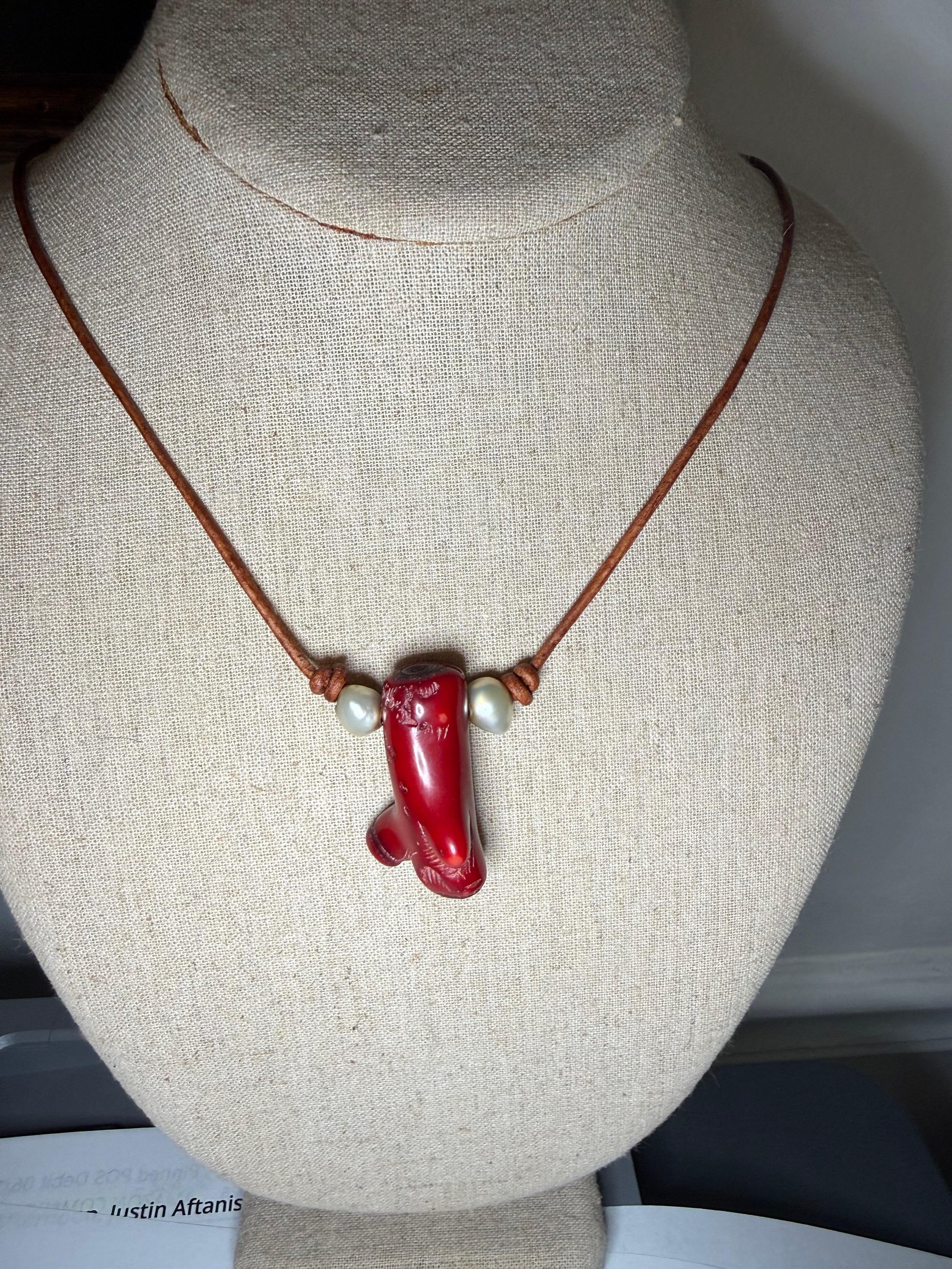The  Coral Kiss Necklace Freshwater Pearl - Coral - Pendant Necklace 20 inch adjustable