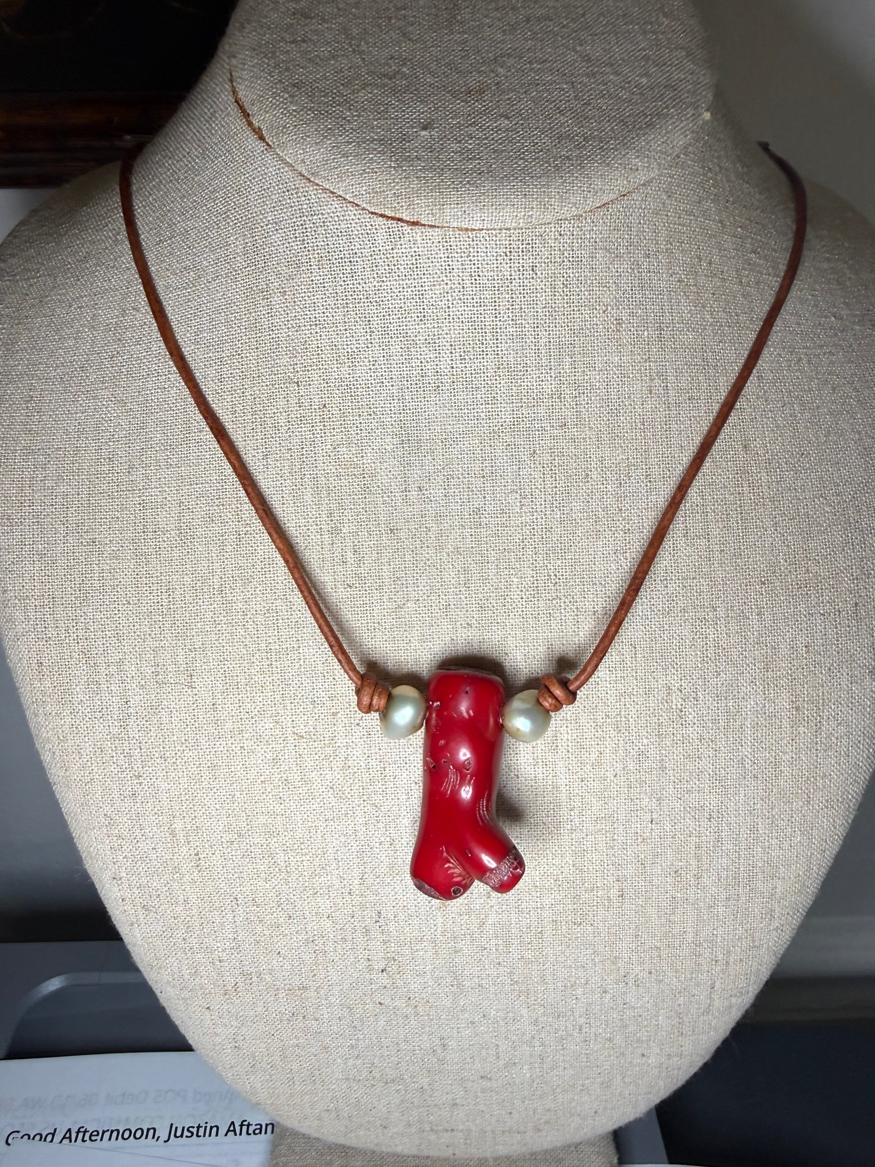 The  Coral Kiss Necklace Freshwater Pearl - Coral - Pendant Necklace 20 inch adjustable
