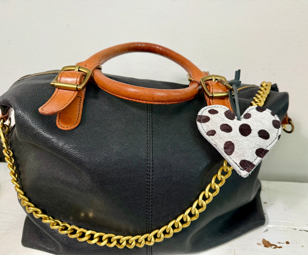 Cowhide Hair Leather Heart LARGE DOT Dalmatian Print key chain bag charm