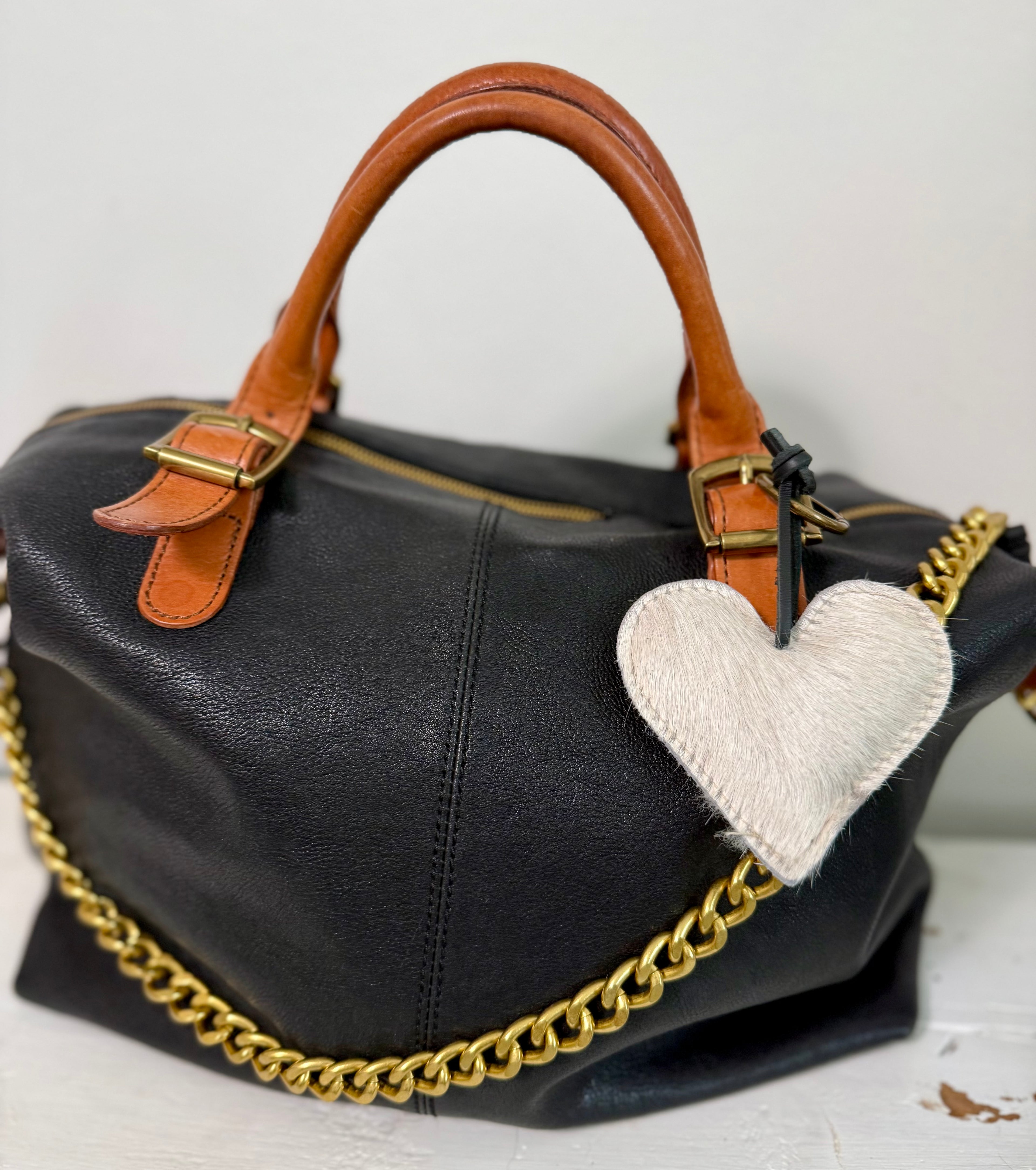 Heart Cowhide Hair Charm CHAMPAGNE Hair Handmade Leather Bag & Key Accessory