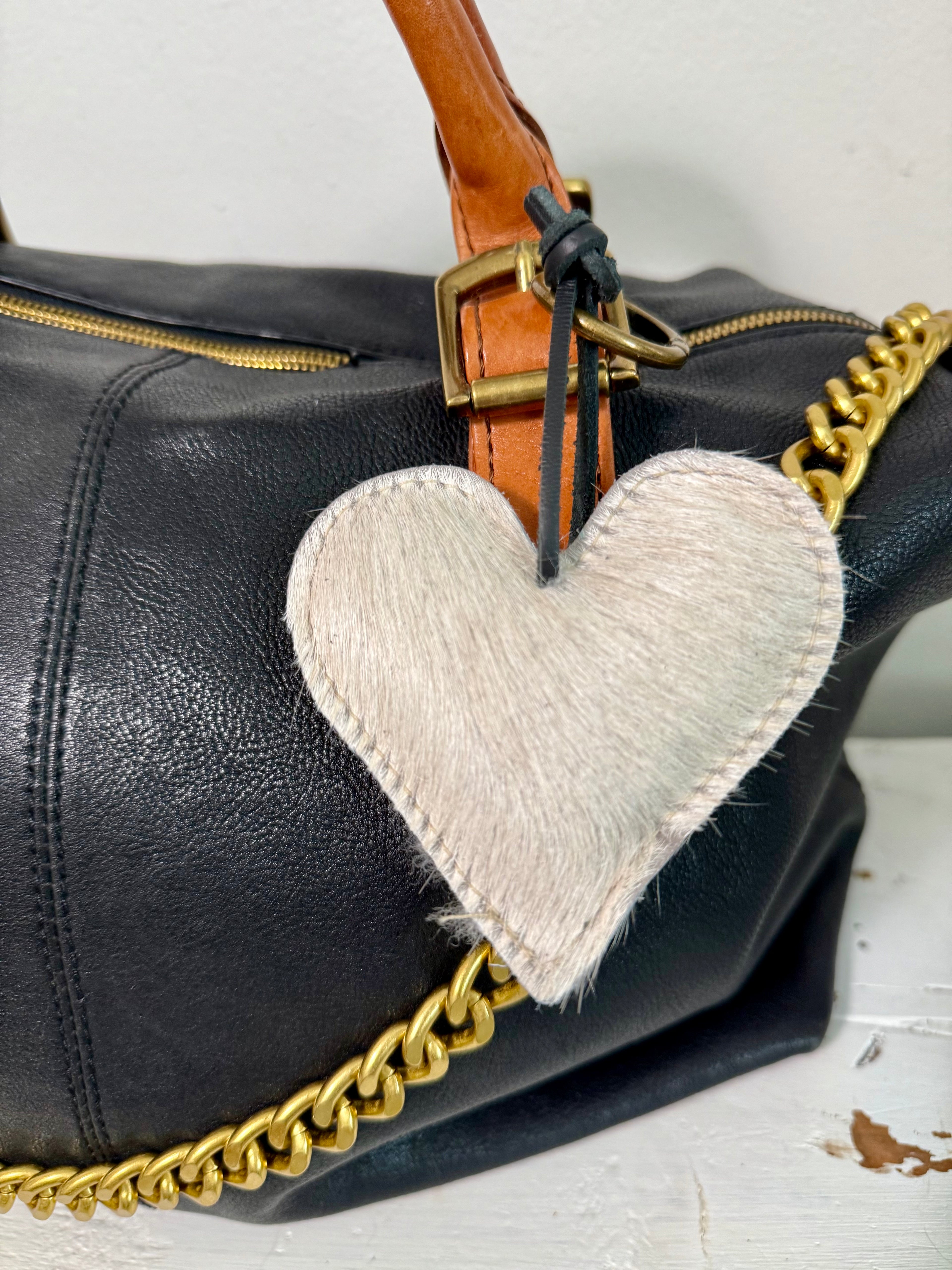 Heart Cowhide Hair Charm CHAMPAGNE Hair Handmade Leather Bag & Key Accessory