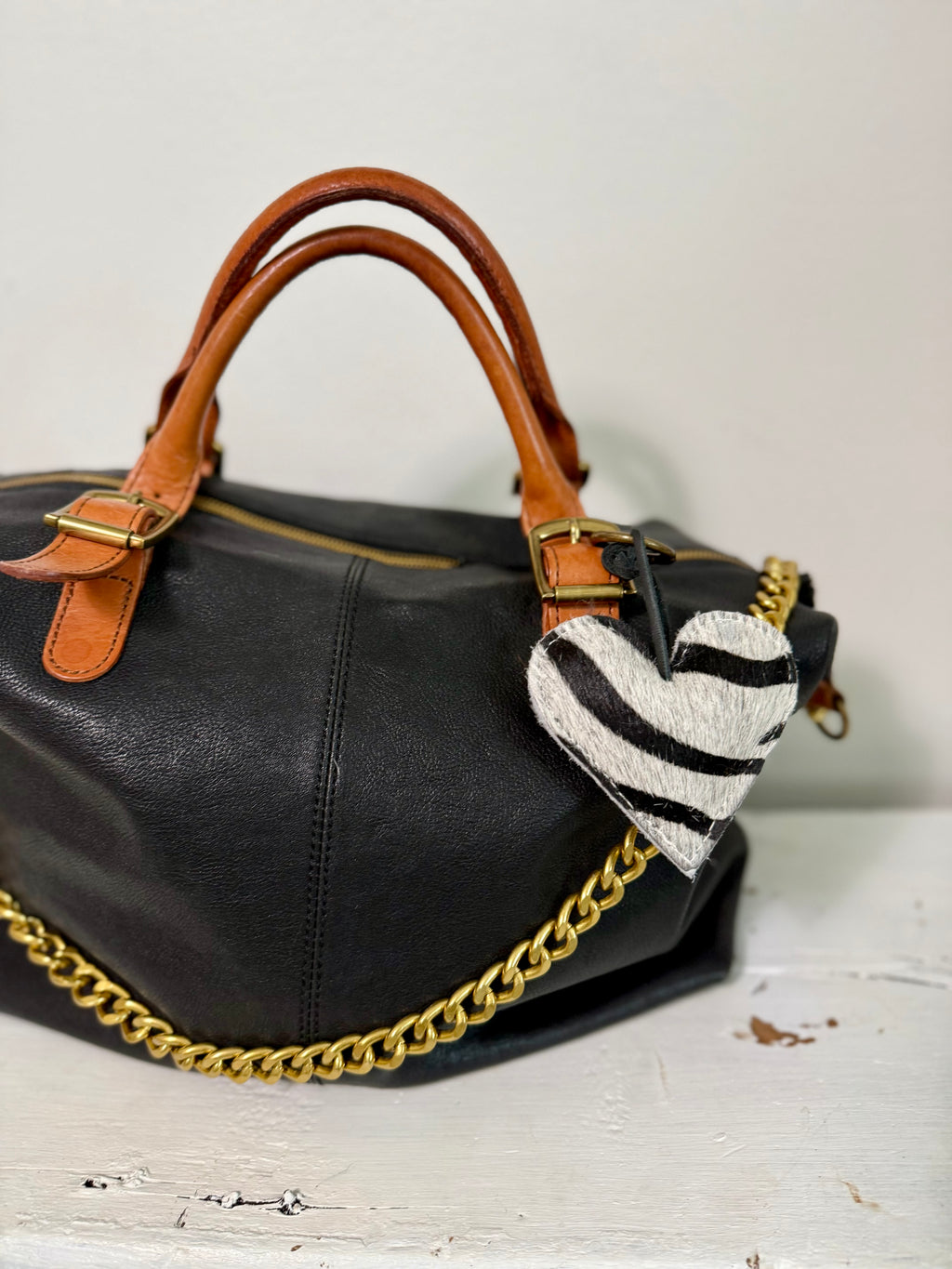 Cowhide Leather Heart  ZEBRA Print Bag Charm Key Chain Animal Prints -