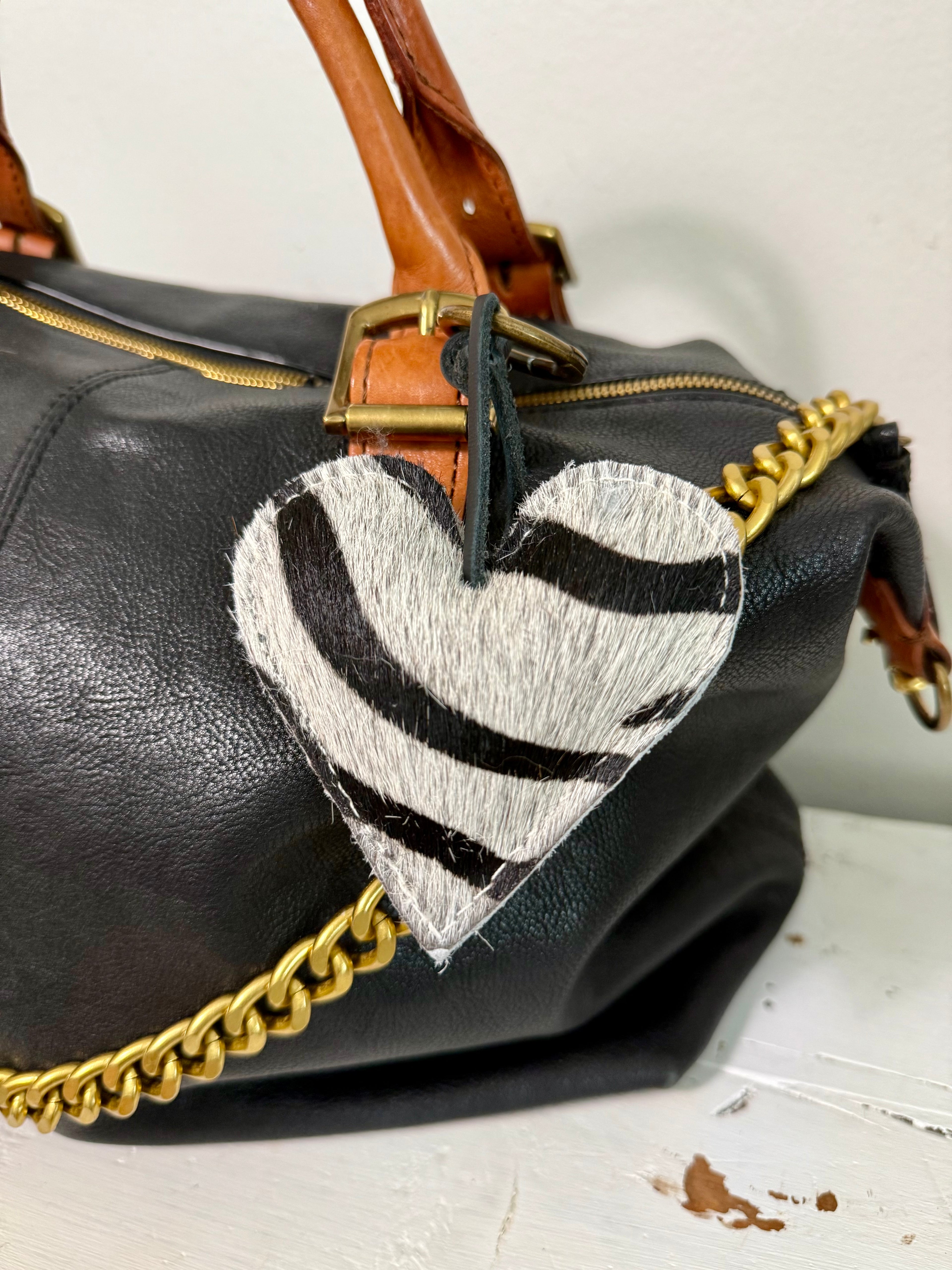 Cowhide Leather Heart  ZEBRA Print Bag Charm Key Chain Animal Prints -
