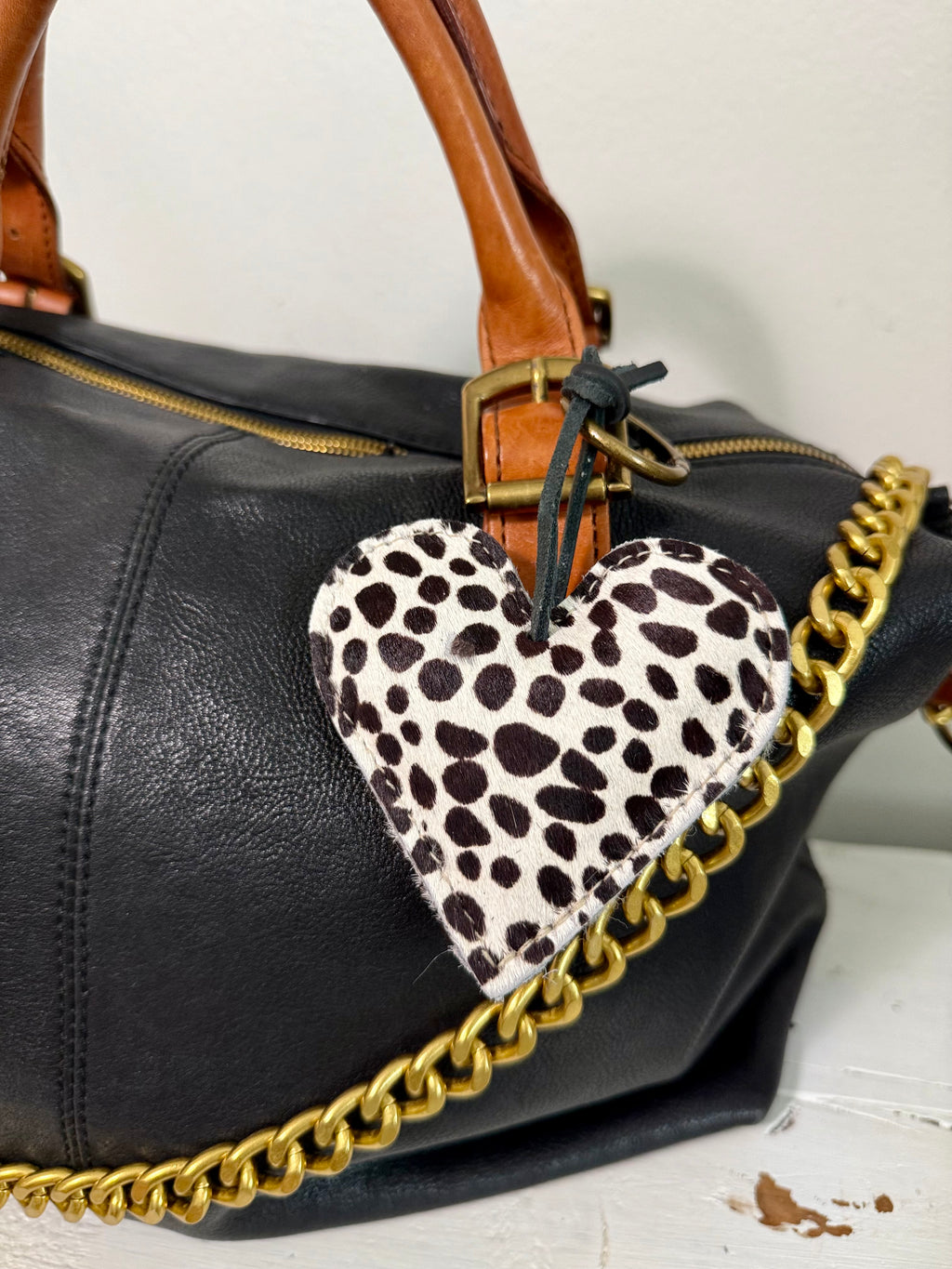 Cowhide hair leather heart SMALL SALMATIAN DOT Print key chain bag charm