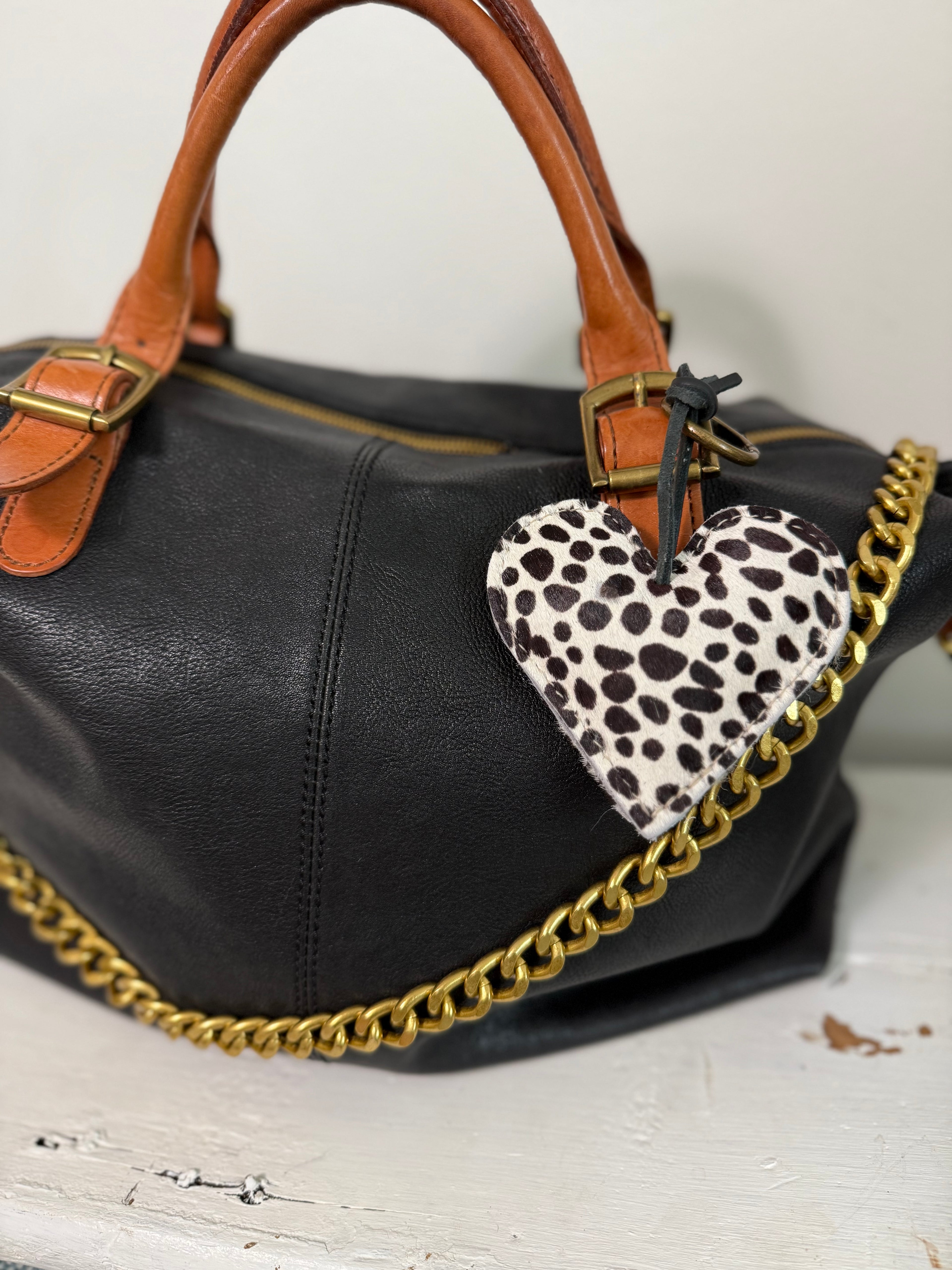 Cowhide hair leather heart SMALL SALMATIAN DOT Print key chain bag charm