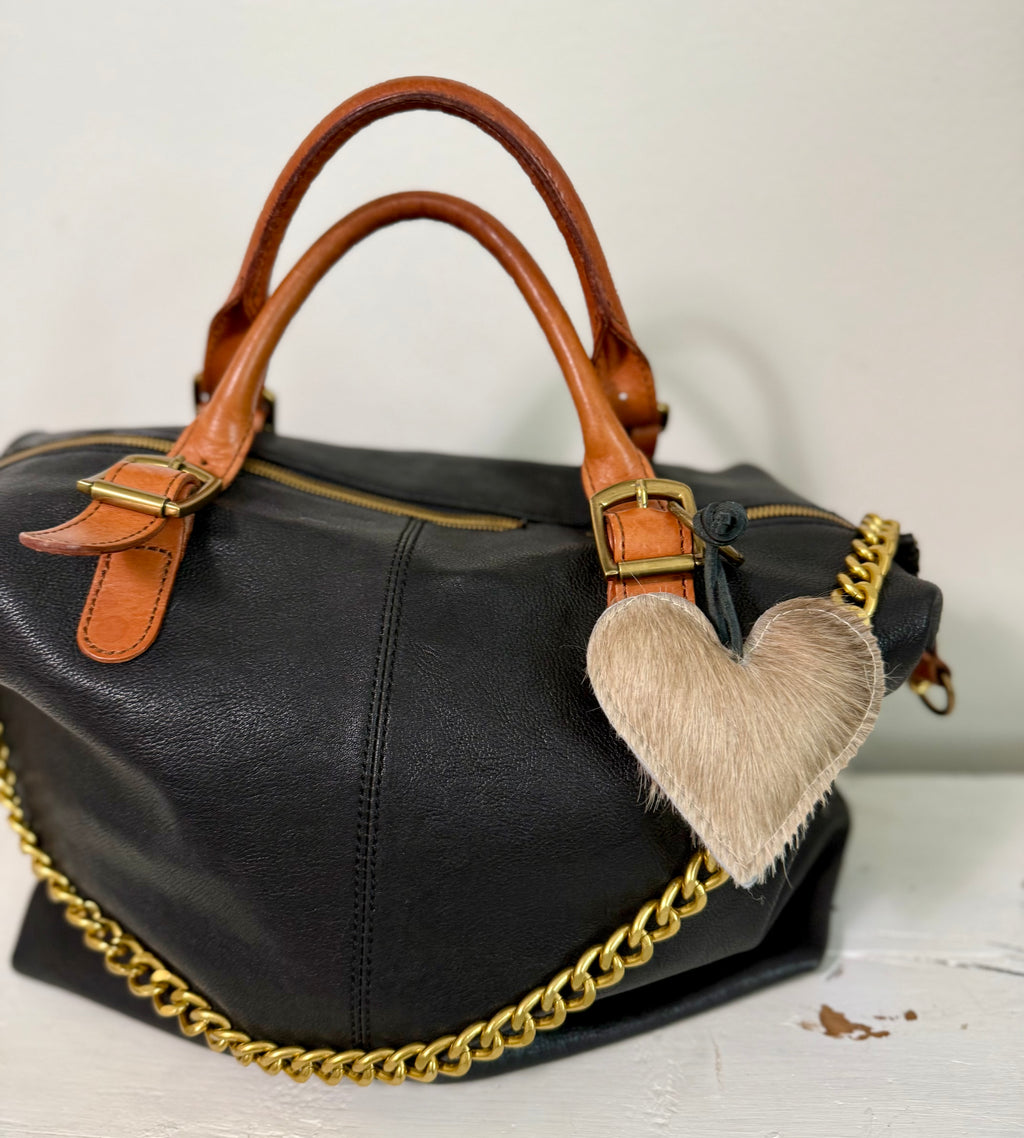 Heart Cowhide Hair Charm TAN HAIR Handmade Leather Bag & Key Accessory
