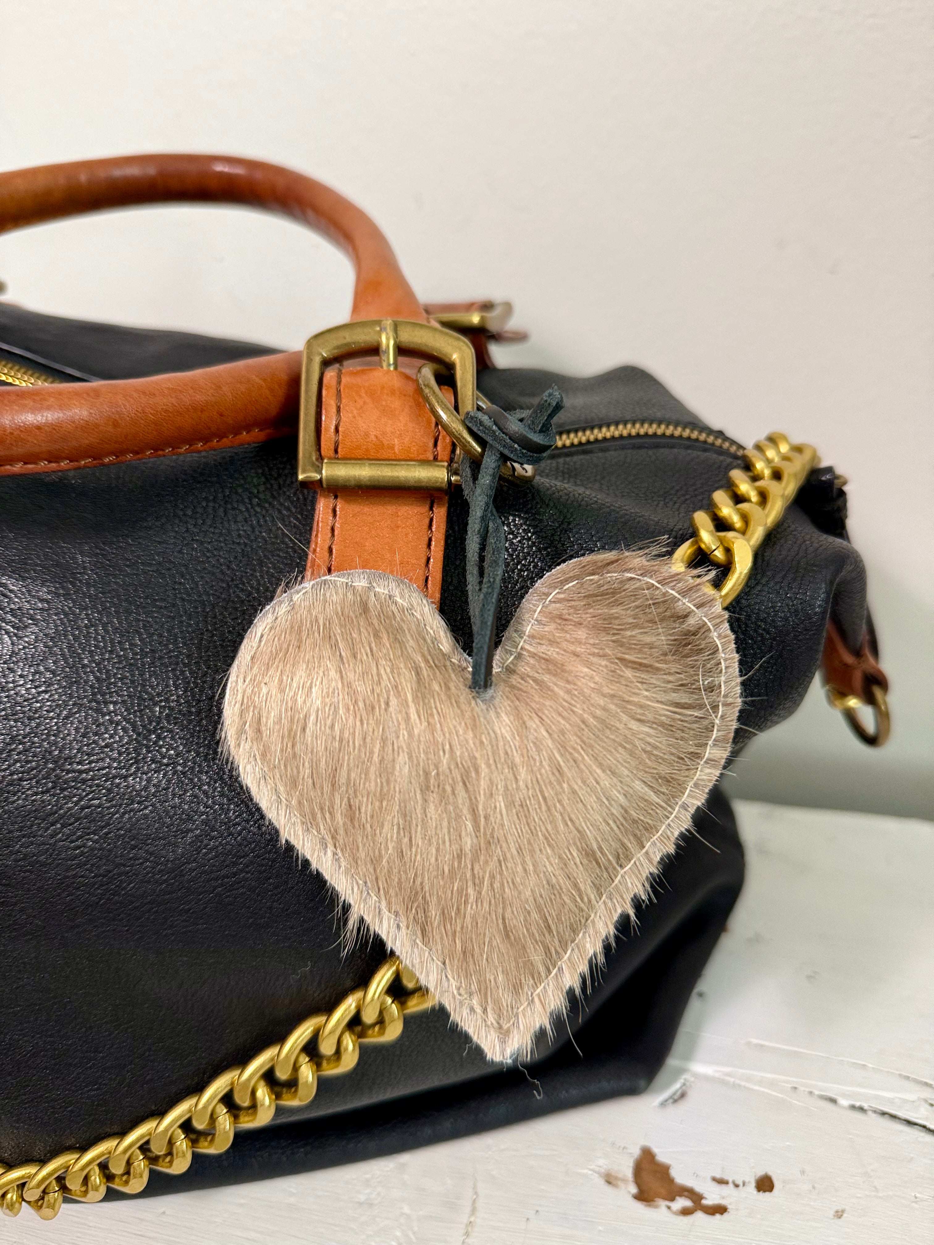 Heart Cowhide Hair Charm TAN HAIR Handmade Leather Bag & Key Accessory