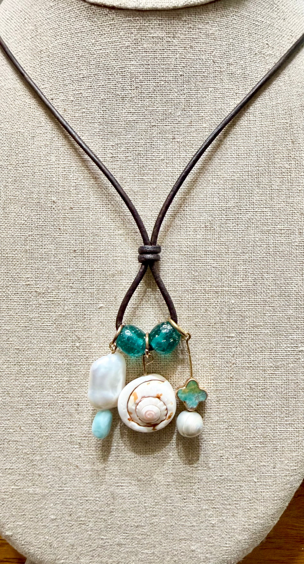 The Hidden Cove Necklace - Amazonite, freshwater pear shell 26 inches Adjustable