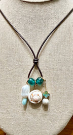 The Hidden Cove Necklace - Amazonite, freshwater pear shell 26 inches Adjustable