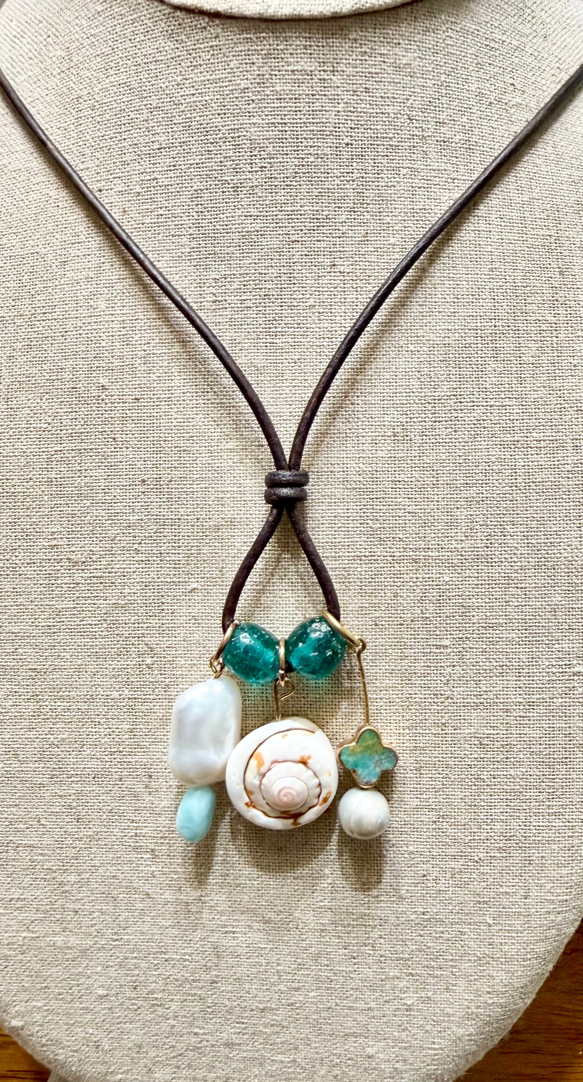 The Hidden Cove Necklace - Amazonite, freshwater pear shell 26 inches Adjustable