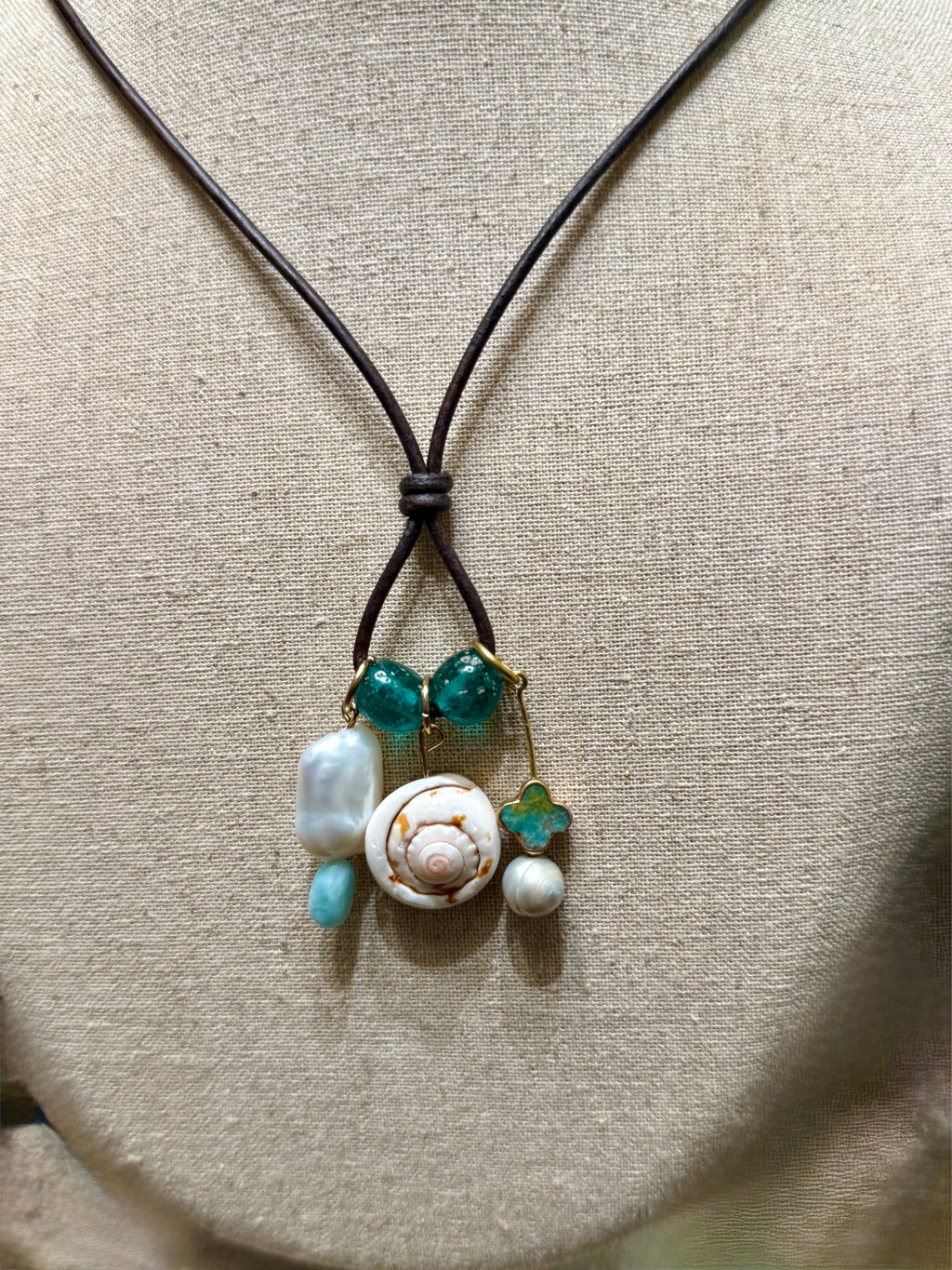 The Hidden Cove Necklace - Amazonite, freshwater pear shell 26 inches Adjustable