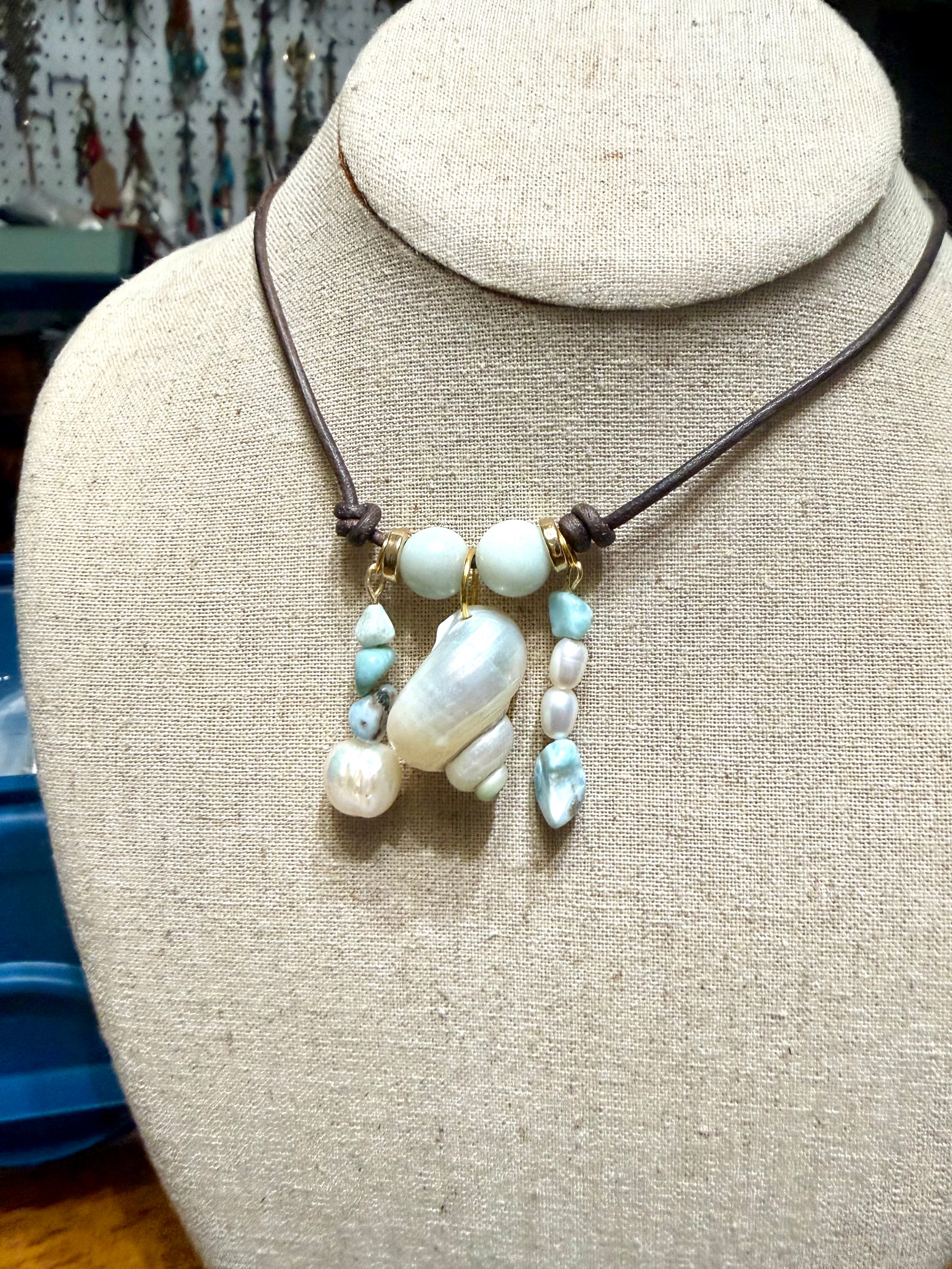 The Moonlit Tide necklace - Larimar, freshwater pear shell 26inches Adjustable
