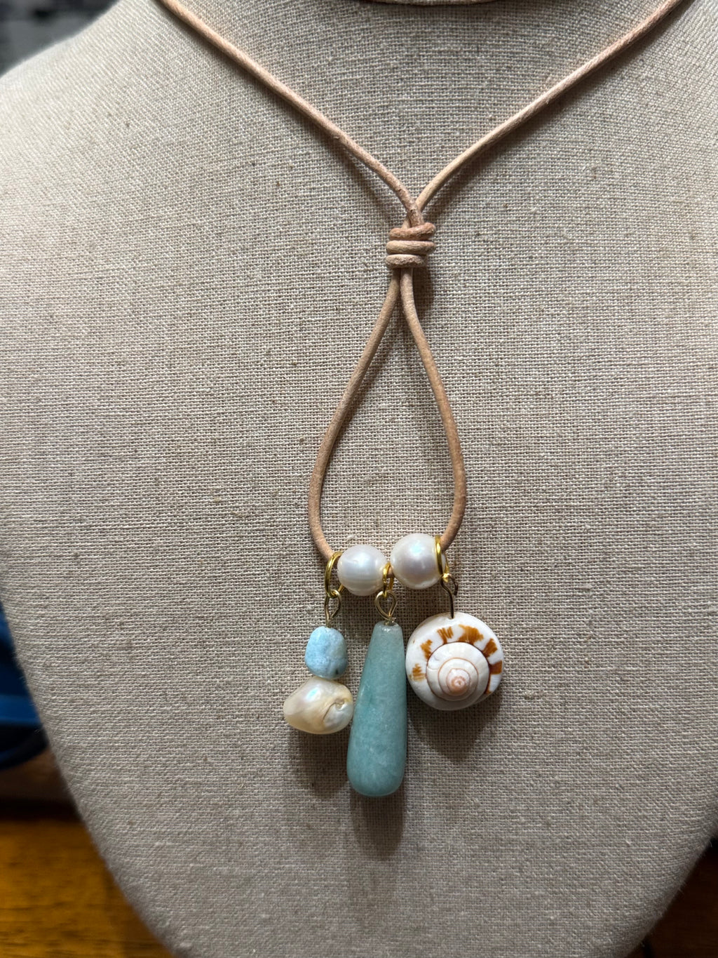 The Seafoam Keepsake  Necklace - Amazonite freshwater pearl Shiva Shell 30 inches adjustable
