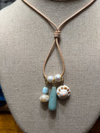 The Seafoam Keepsake  Necklace - Amazonite freshwater pearl Shiva Shell 30 inches adjustable