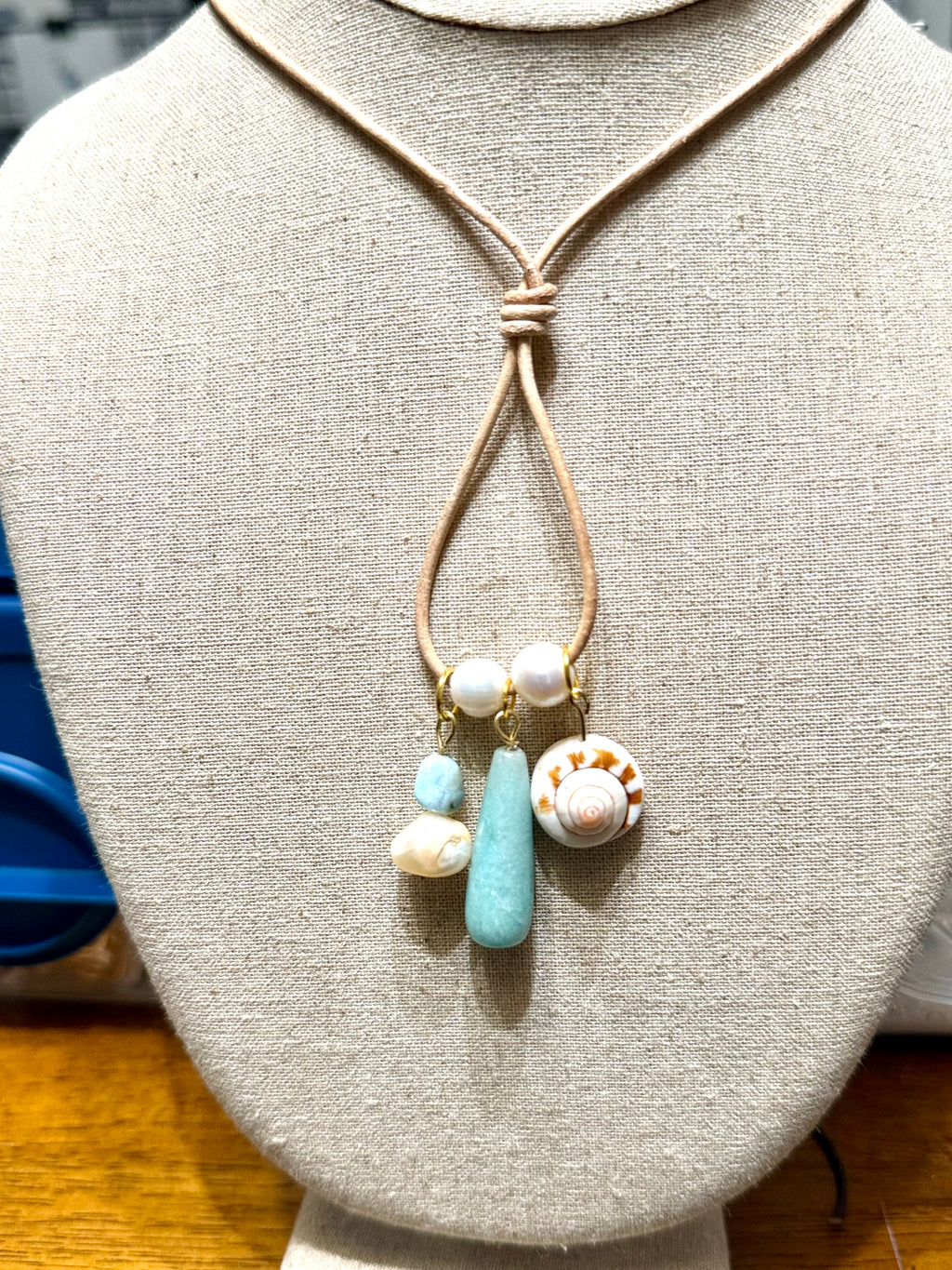 The Seafoam Keepsake  Necklace - Amazonite freshwater pearl Shiva Shell 30 inches adjustable