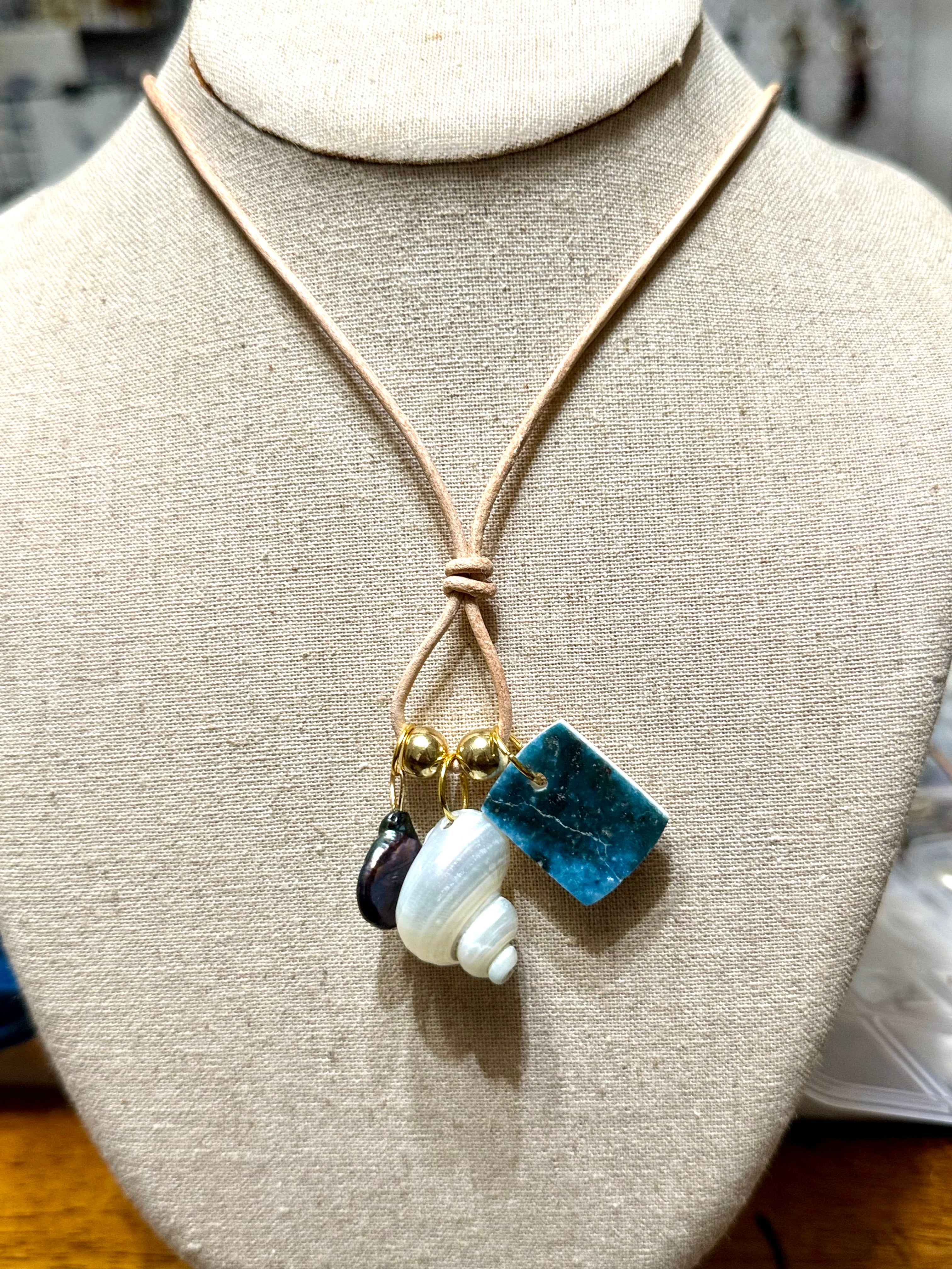 The Tidepool Treasure Necklace - Blue Apatite Mother of Pearl Shell 30 inches