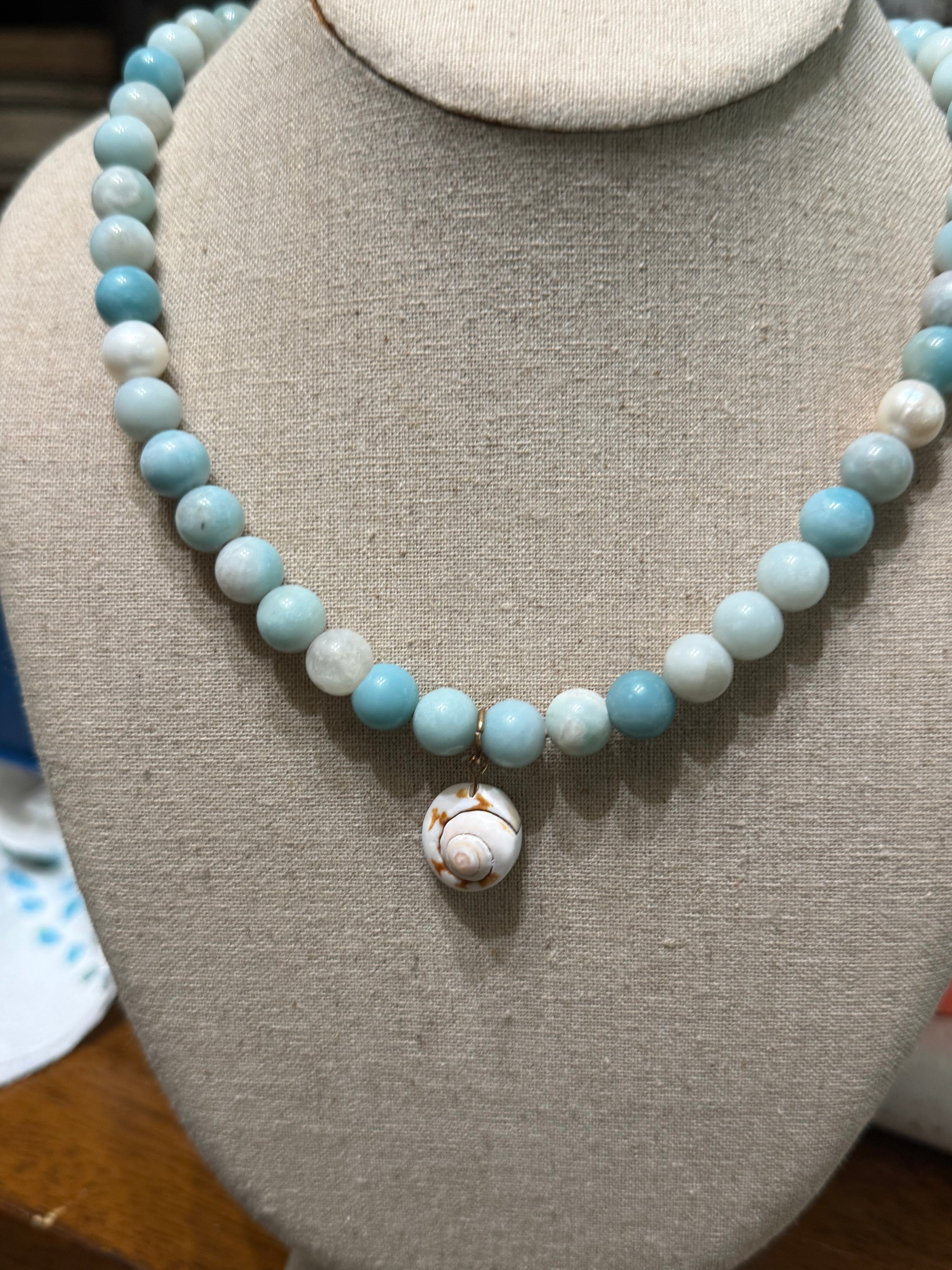 The Gulf Dream - 10mm Amazonite beads & Shiva Shell 20 inches adjustable