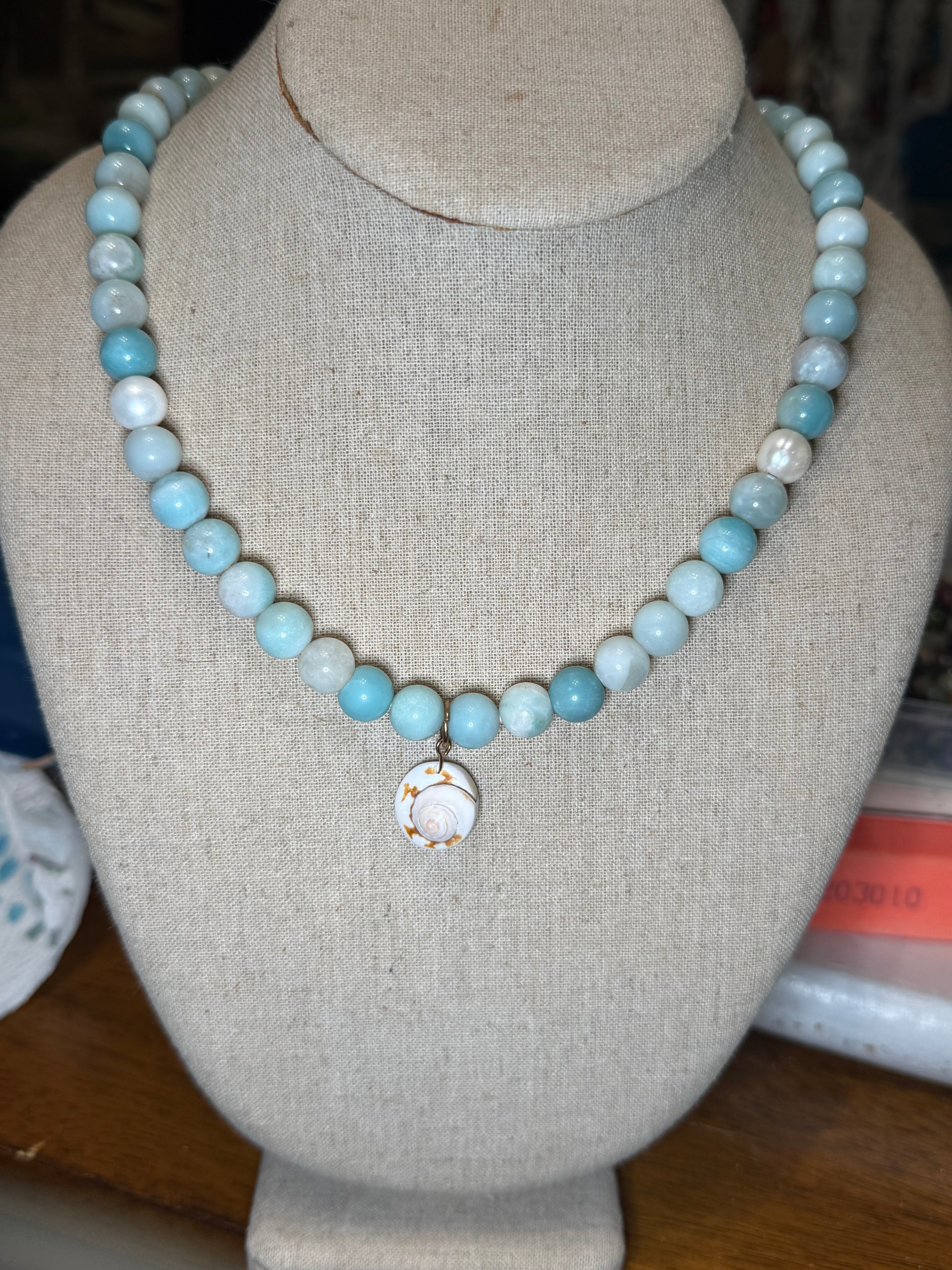 The Gulf Dream - 10mm Amazonite beads & Shiva Shell 20 inches adjustable