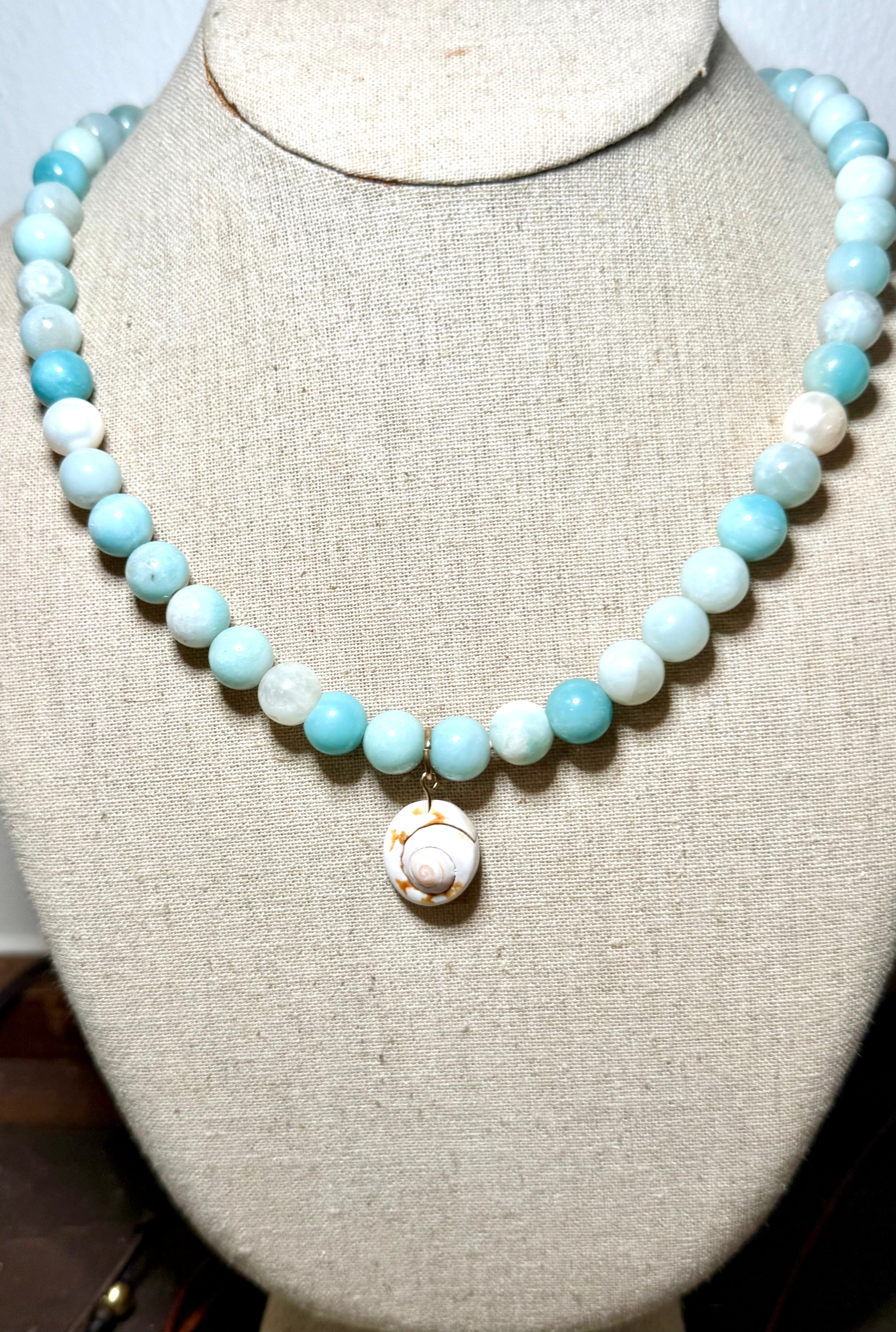 The Gulf Dream - 10mm Amazonite beads & Shiva Shell 20 inches adjustable
