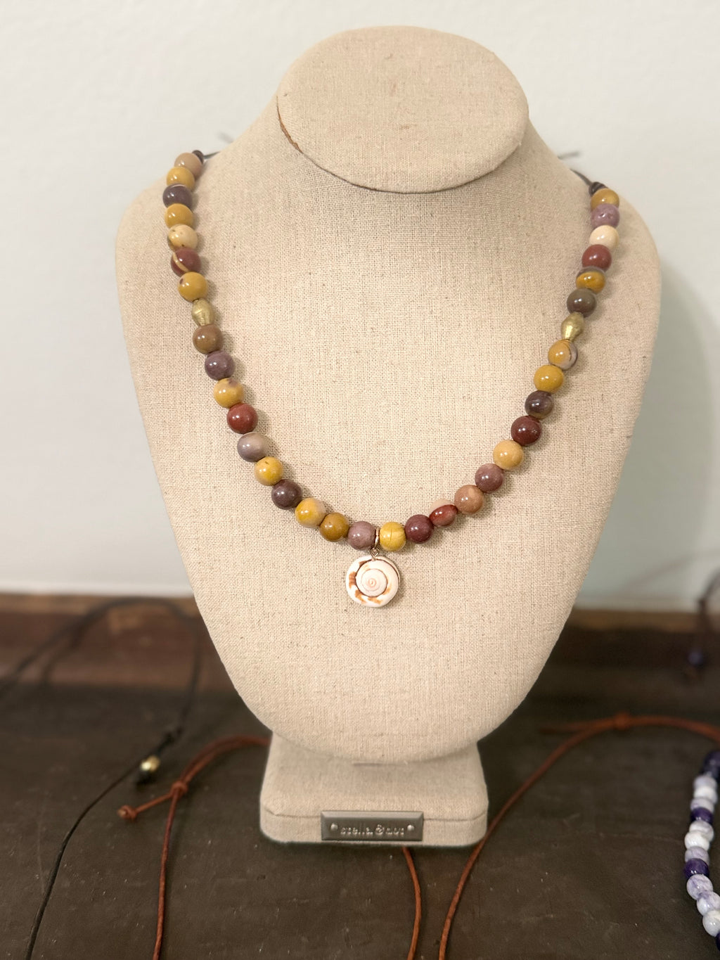 The Golden Tide 10mm Mookaite beaded necklace Shiva Shell 20 inches