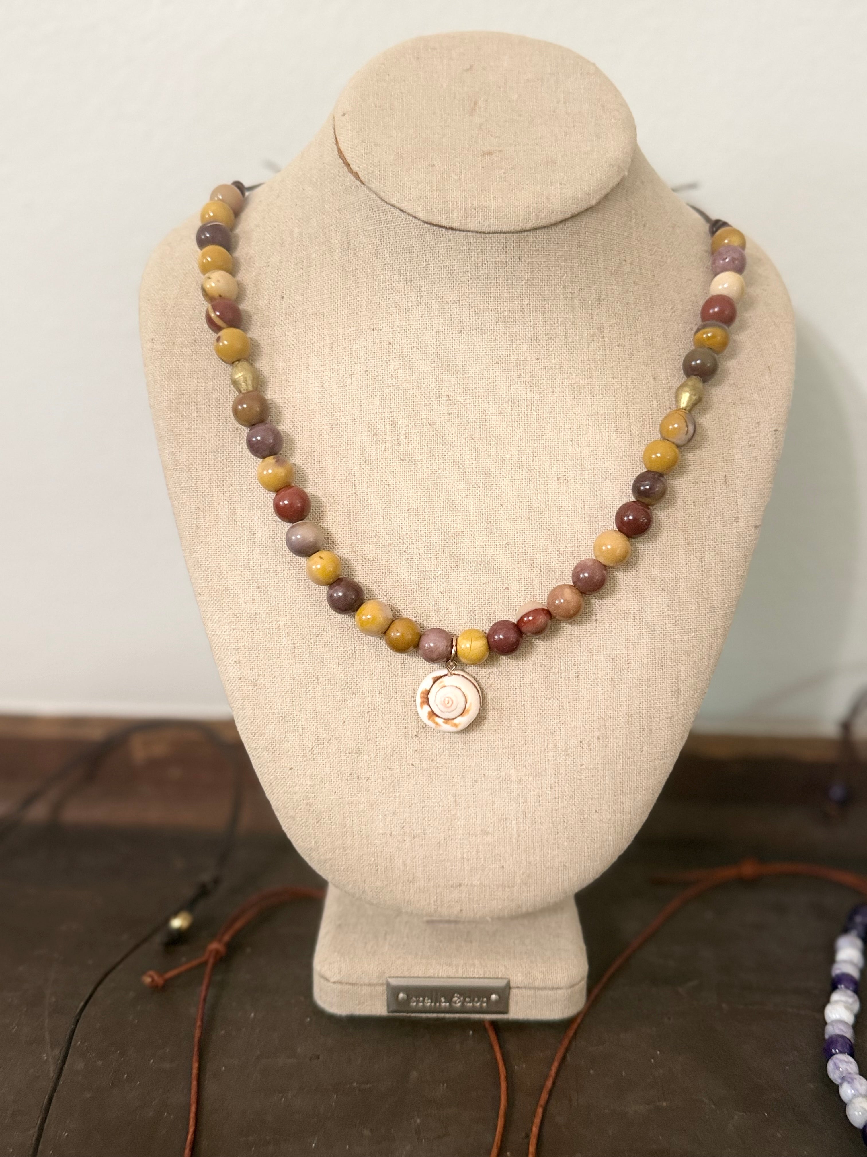 The Golden Tide 10mm Mookaite beaded necklace Shiva Shell 20 inches