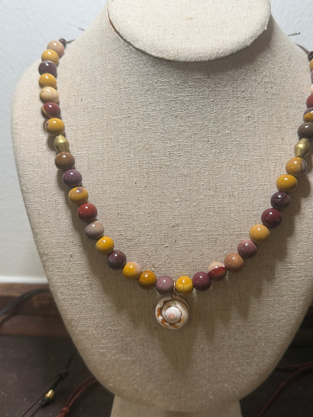 The Golden Tide 10mm Mookaite beaded necklace Shiva Shell 20 inches