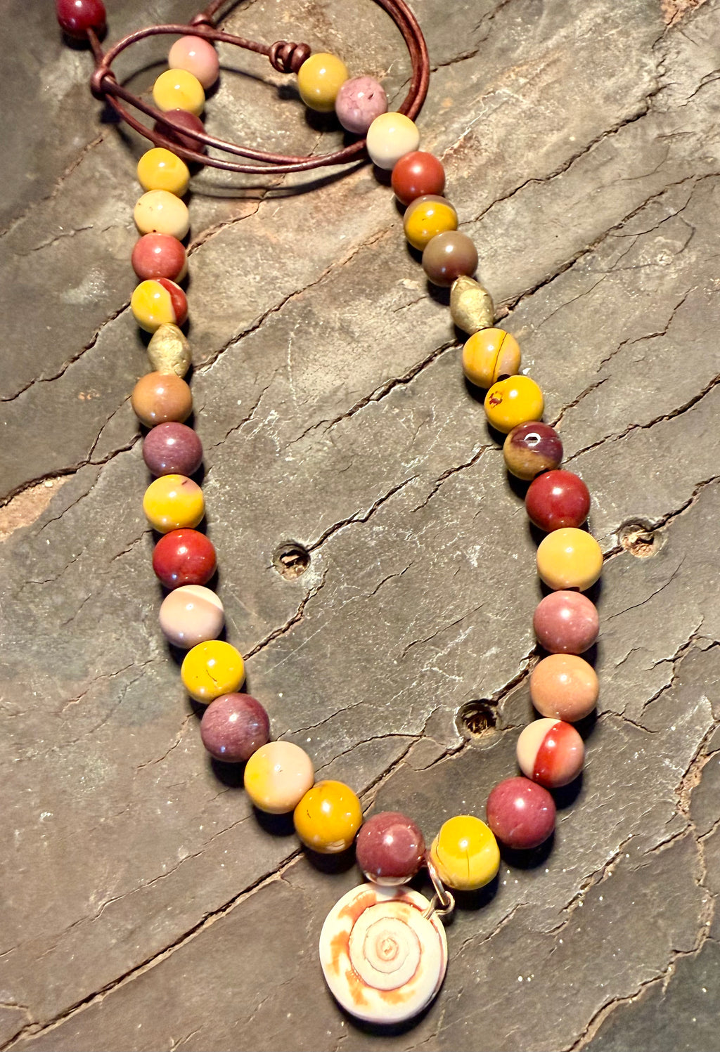 The Golden Tide 10mm Mookaite beaded necklace Shiva Shell 20 inches