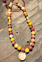 The Golden Tide 10mm Mookaite beaded necklace Shiva Shell 20 inches