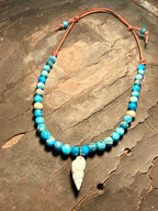 The Sapphire Sea Blue Apatite with freshwater pearl accents White Auger Shell 20 inches