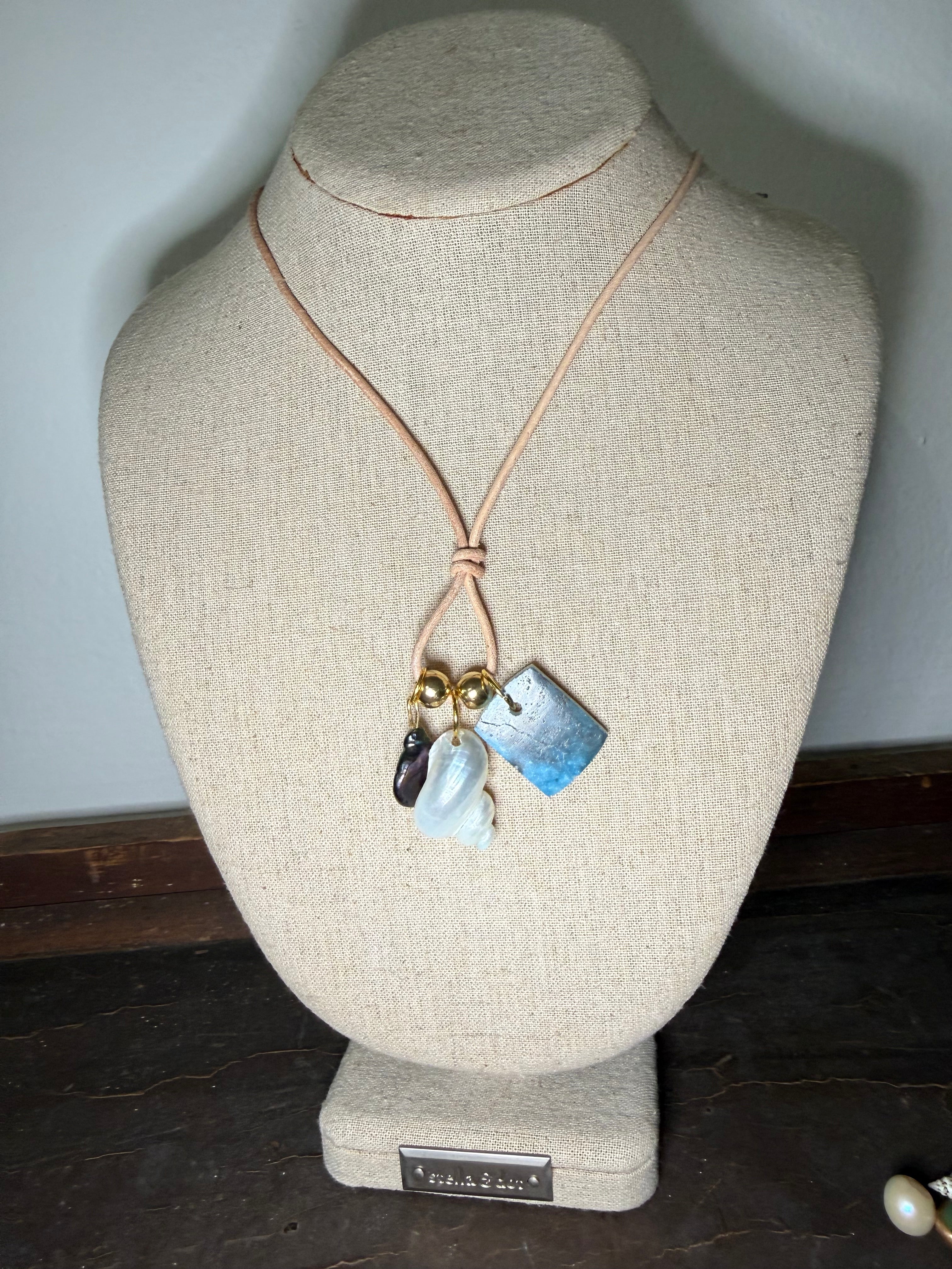 The Tidepool Treasure Necklace - Blue Apatite Mother of Pearl Shell 30 inches