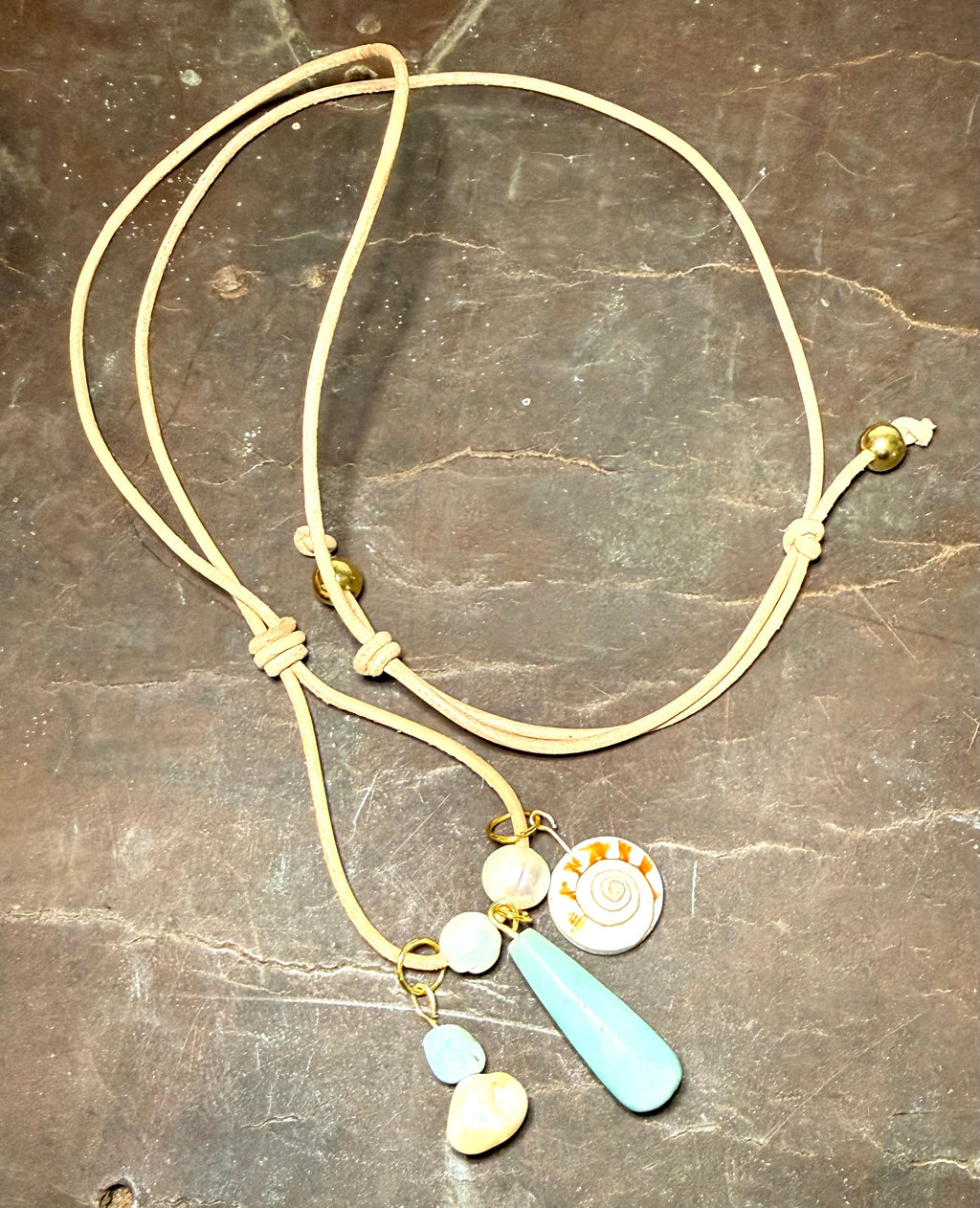 The Seafoam Keepsake  Necklace - Amazonite freshwater pearl Shiva Shell 30 inches adjustable
