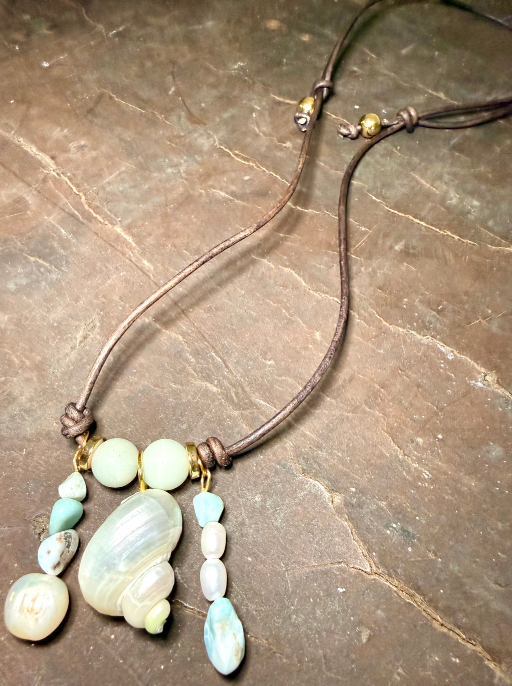 The Moonlit Tide necklace - Larimar, freshwater pear shell 26inches Adjustable