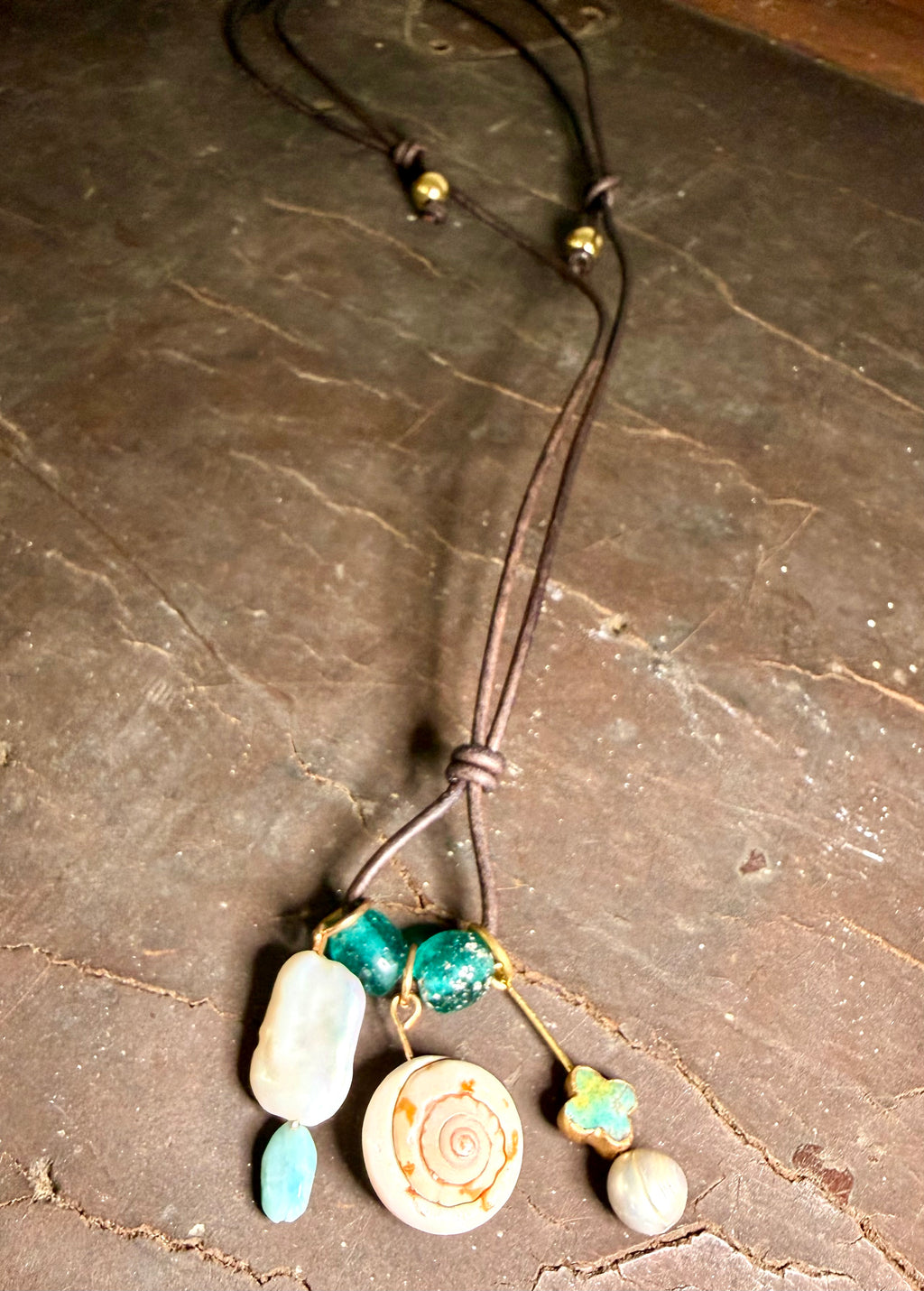 The Hidden Cove Necklace - Amazonite, freshwater pear shell 26 inches Adjustable